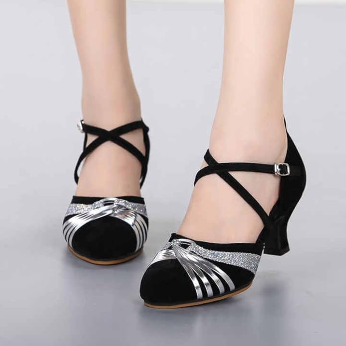 Closed-toe salsa dance shoes with adjustable buckle strap and shiny metallic strips