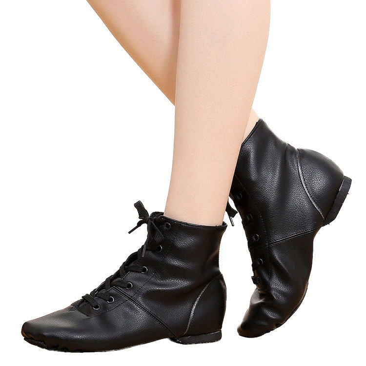 Black PU High-Top Jazz Dance Boots for Kids & Adults, Lace-Up Split-Sole Practice Shoes JZ-M-05