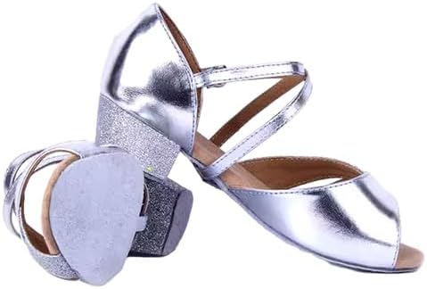 Girls silver metallic cross strap latin dance sandals, stable low heel kids professional dance training shoes