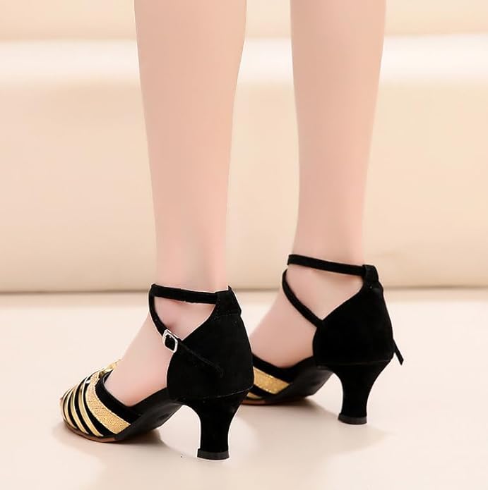 Adjustable ankle strap closed-toe ballroom shoes with gold glitter details