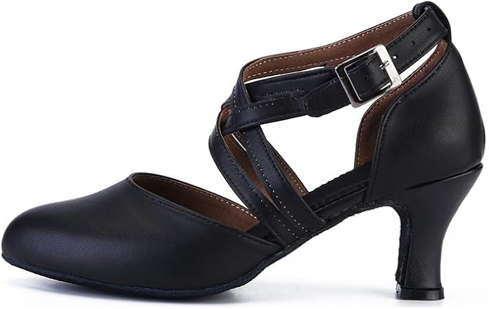 Professional leather ballroom dance pumps for ladies, closed toe design with adjustable buckle strap