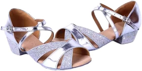 Elegant silver low heel children latin dance shoes, cross strap buckle design for dance training & performance