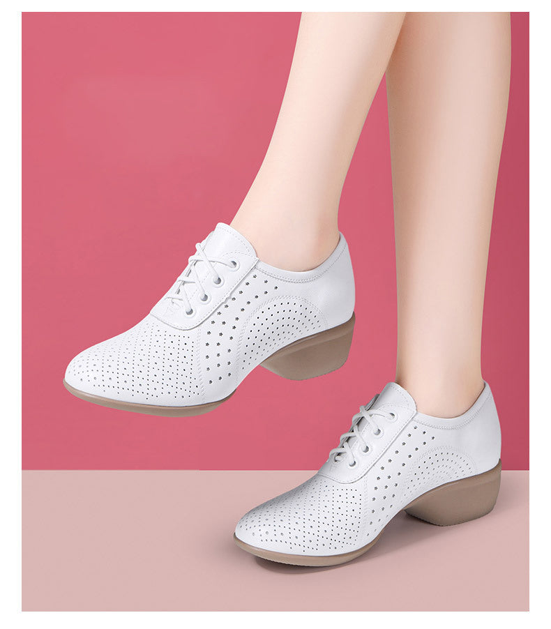 Women's black genuine leather dance shoes with 4cm low heel, perforated breathable design for square and sailor dancing