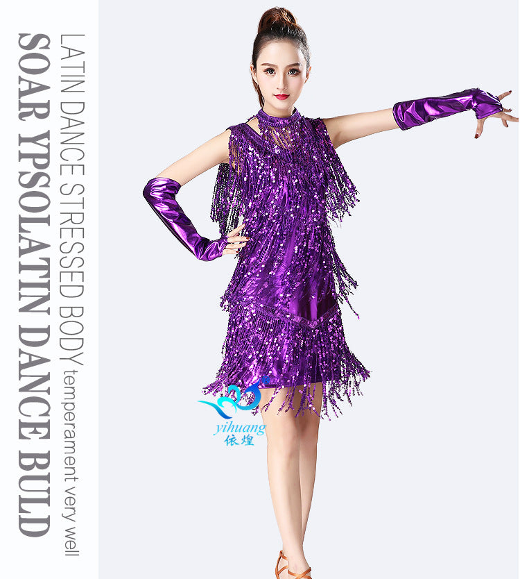 Stretchy Sequin Fringe Latin Dance Dress, Sleeveless High Neck Stage Costume for Dancers