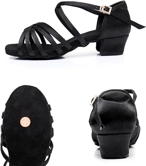 Comfortable Latin Dance Shoes with Secure Crisscross Toe Straps, Non-Slip Suede Sole, Rhinestone Buckle Ankle Strap