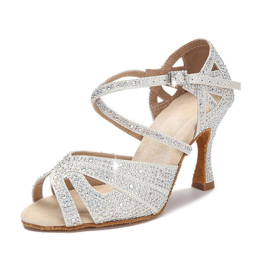 Silver Rhinestone Latin Dance Shoes for Women with Cross Strap