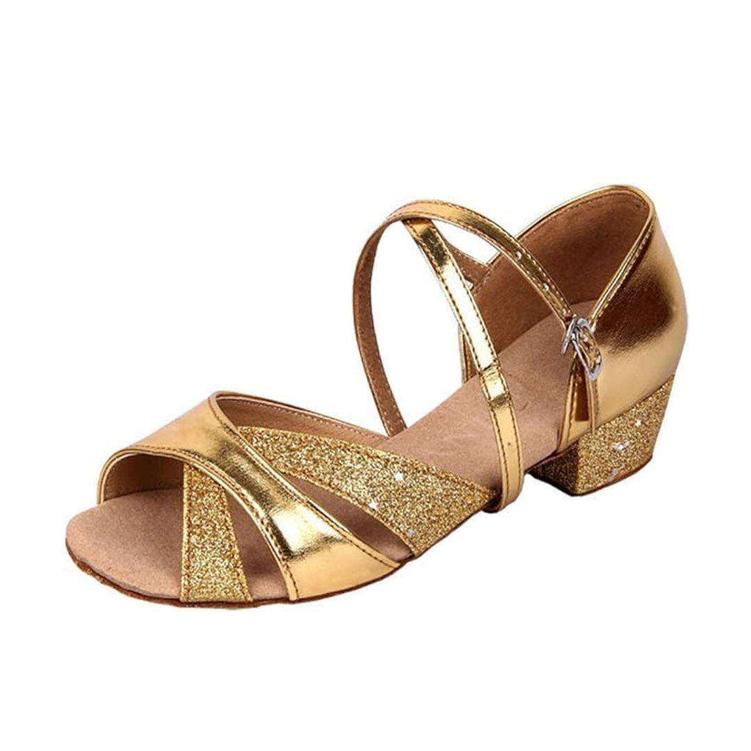 Gold metallic peep toe kids ballroom dance sandals, comfortable flat heel dance shoes for young dancers