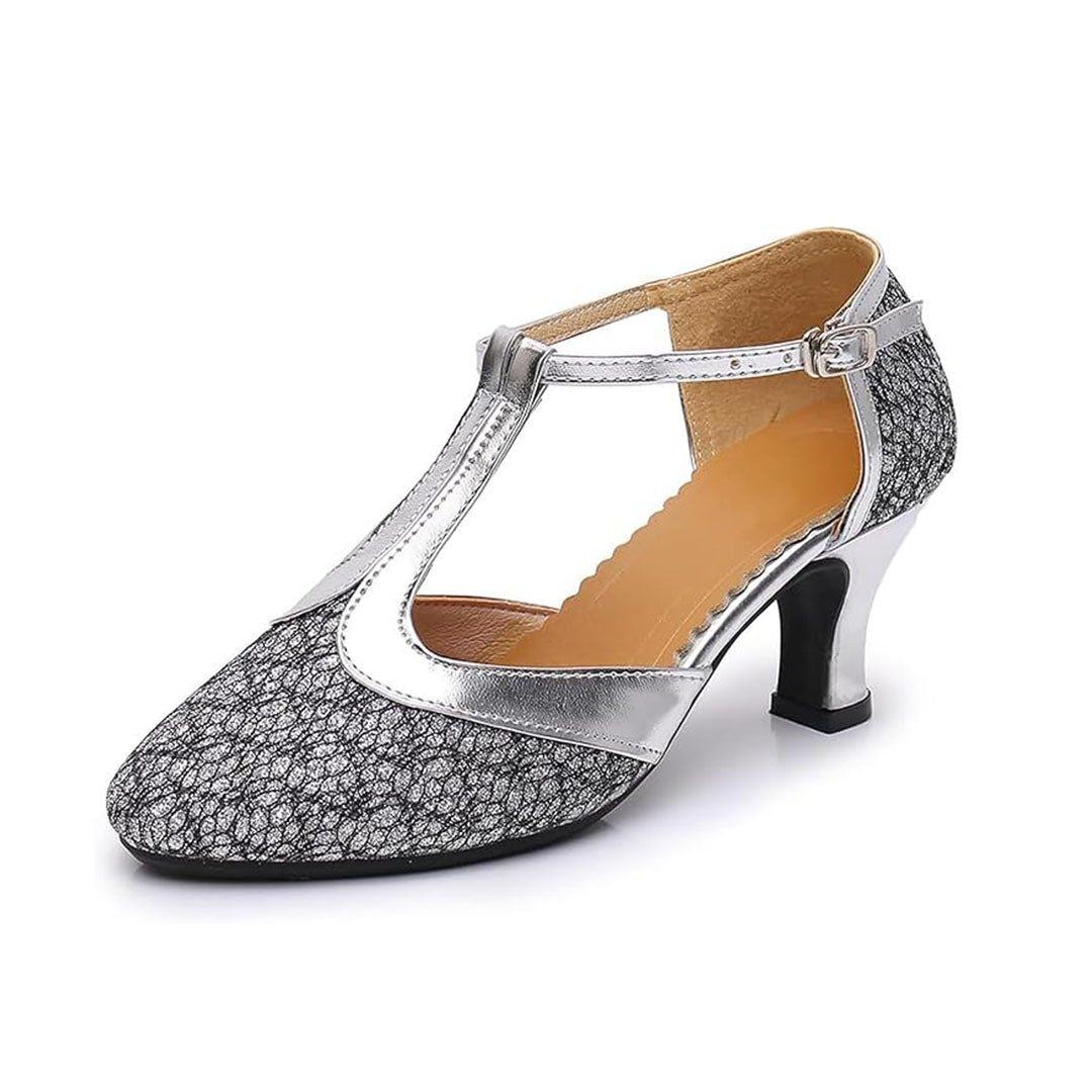Women's Latin Salsa Dance Shoes Closed Toe T-Strap Tango Cha-Cha Ballroom Performence Shoes Model A47D