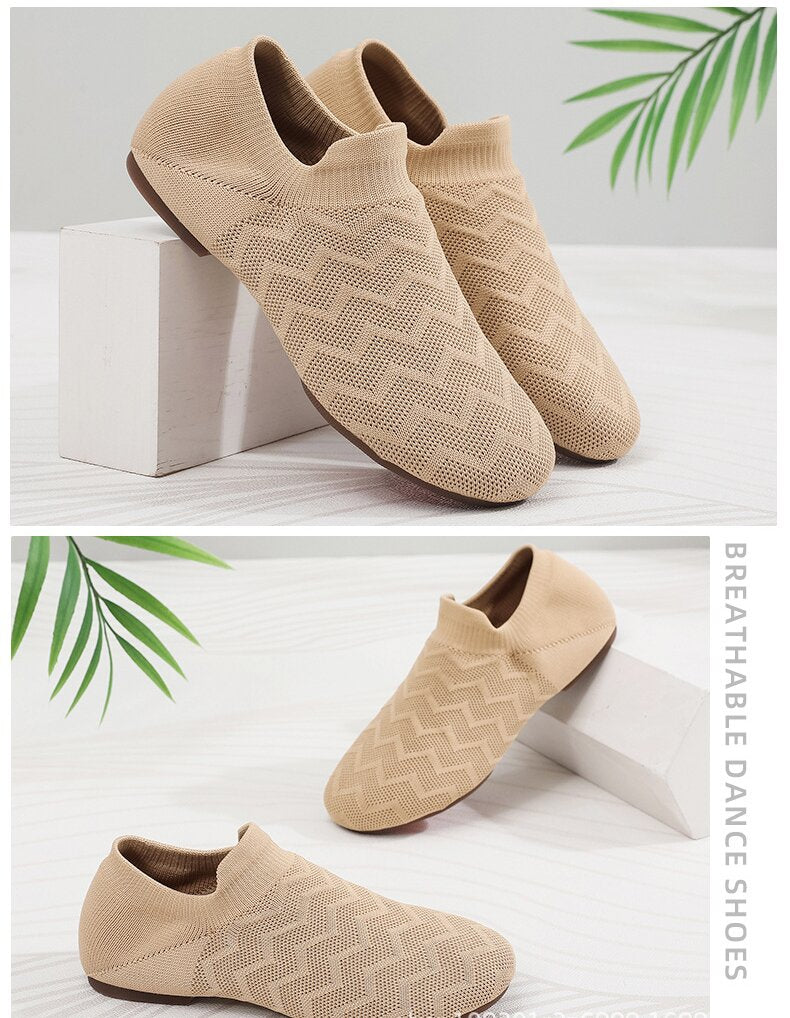 Soft knit upper dance shoes with non-slip suede sole