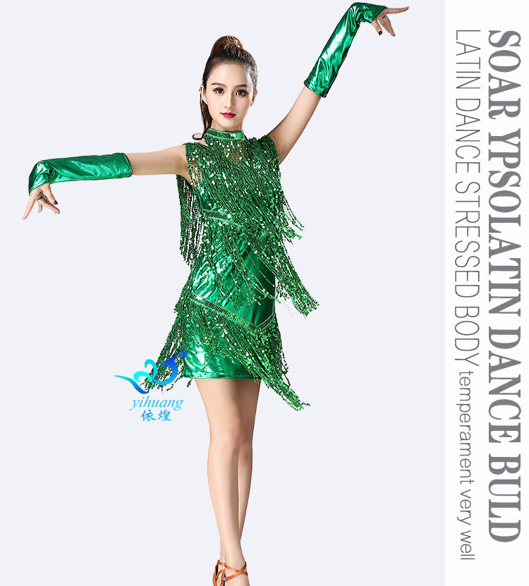 Green Sequin Fringe Latin Dance Dress, Sparkly Tango Performance Outfit with Gloves