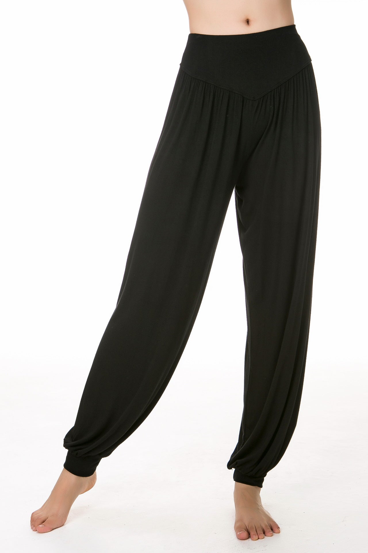 Black modal harem yoga pants, soft breathable fabric for dance class