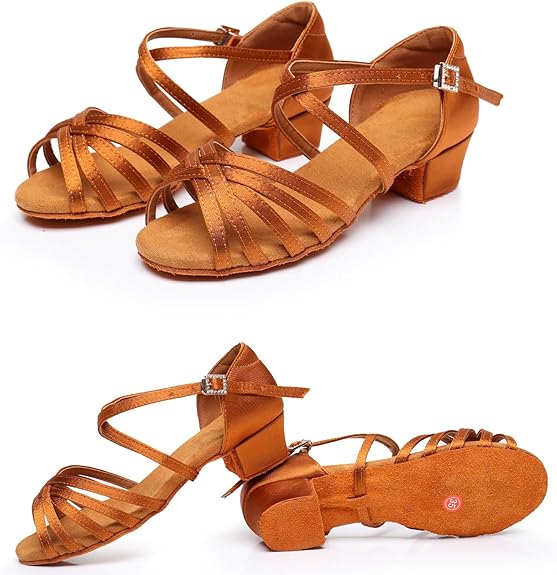 Girls' Latin Practice Dance Shoes, 3.5cm Stable Block Heel, Brown Strappy Ballroom Shoes for Beginners