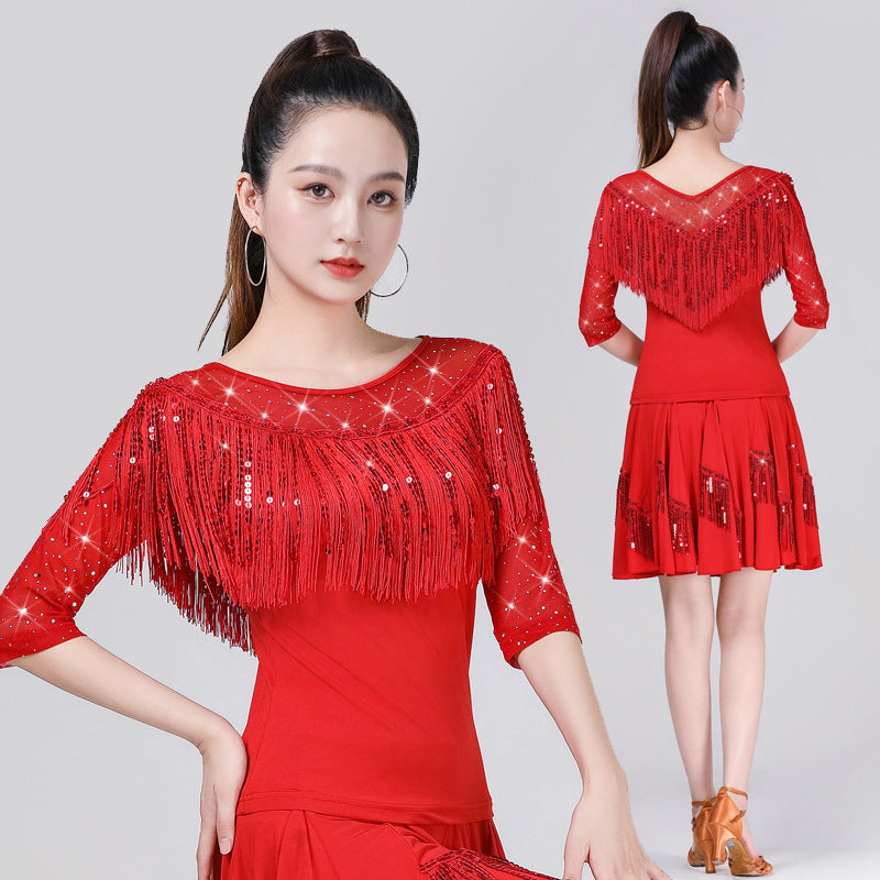 Sheer mesh V-neck Latin dance top, women's sequined fringe practice wear for ballroom dance