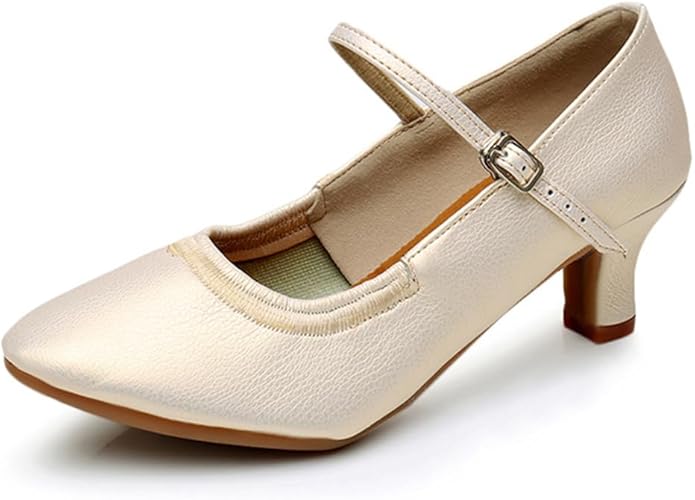 Elegant ballroom dance heels, closed-toe design with elastic trim for comfort and support