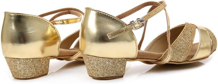 Golden shiny sequin peep toe kids dance shoes, adjustable buckle ankle strap youth ballroom dance footwear
