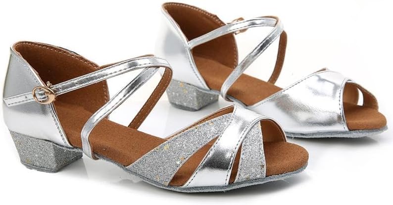 Shiny sequin patchwork girls salsa dance shoes, non-slip suede sole children practice dance footwear