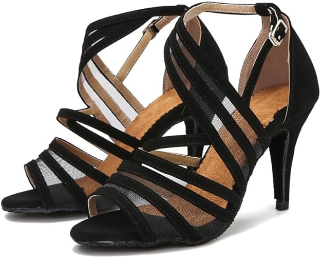 Professional women's Latin dance shoes with breathable mesh panels, sturdy high heel, secure fit