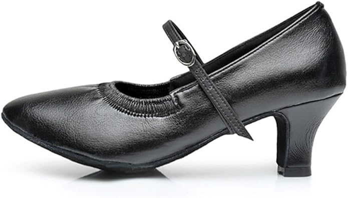 Black leatherette Latin dance shoes, Mary Jane strap design for secure fit during spins