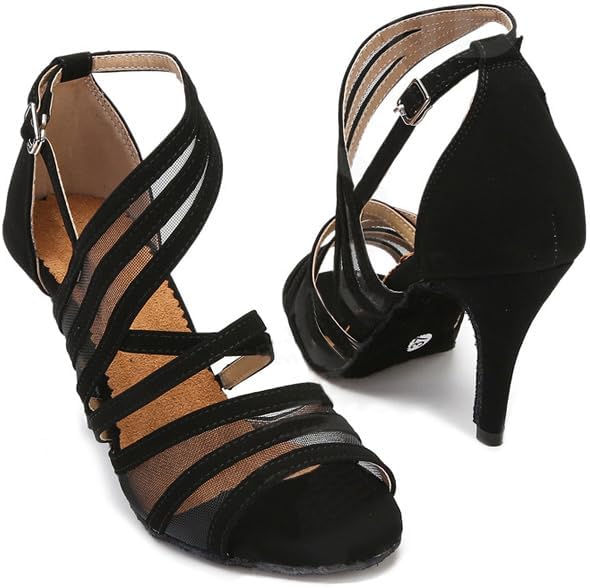 Comfortable ballroom dance shoes with breathable mesh panels, high heel, secure crisscross straps