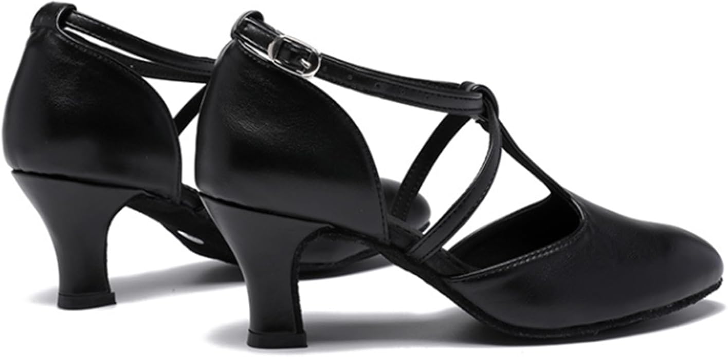 Elegant closed toe ladies salsa dance shoes, black PU leather mid heel ankle strap dance footwear