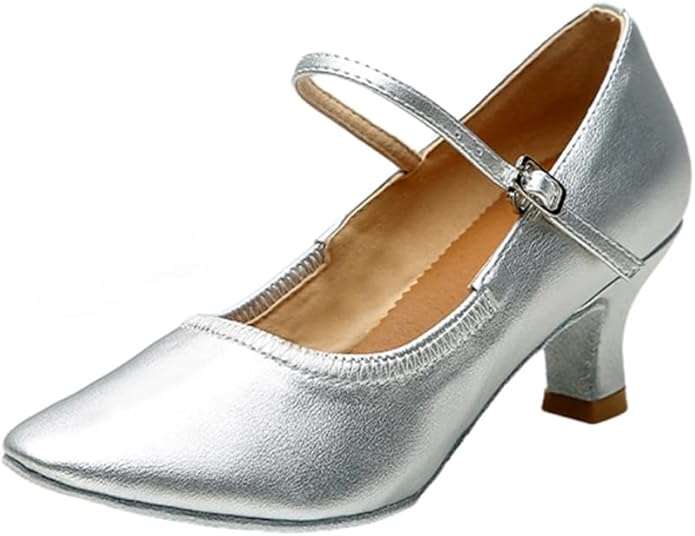 Silver women's ballroom dance shoes with adjustable buckle, stable mid-heel for performance