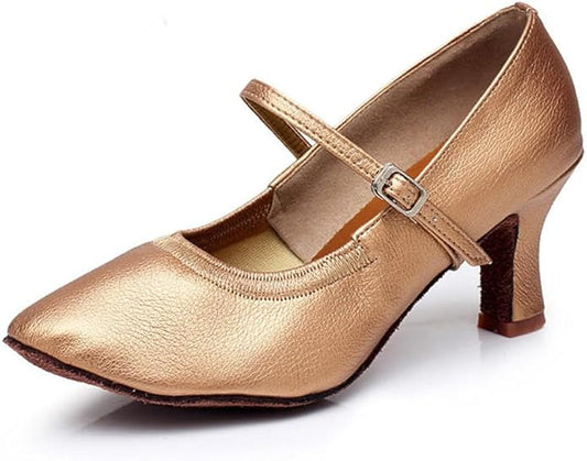 Champagne gold closed-toe dance shoes, mid-heel ballroom shoes for women with soft lining