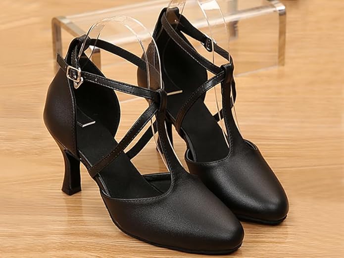 Women’s T-Strap Latin Dance Shoes Closed Toe Ballroom Salsa Tango Performance Shoes Model A50G