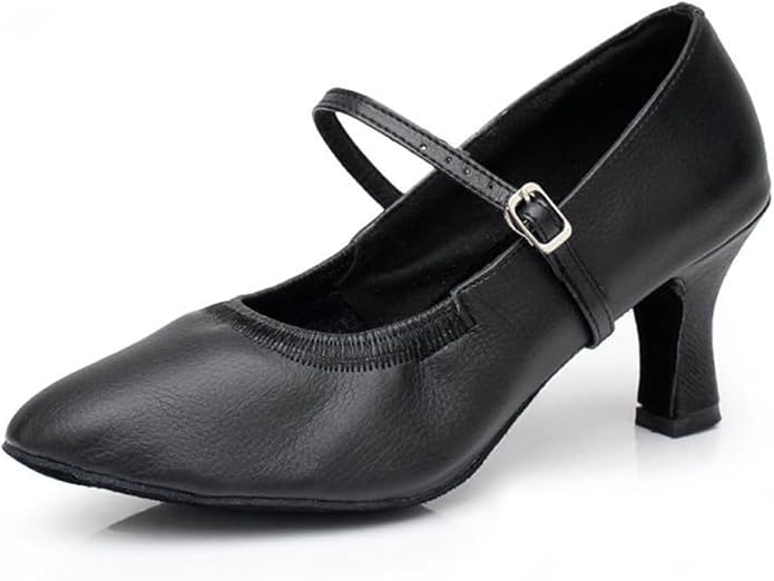 Black closed-toe Mary Jane dance shoes with adjustable buckle strap, women's Latin ballroom dance heels