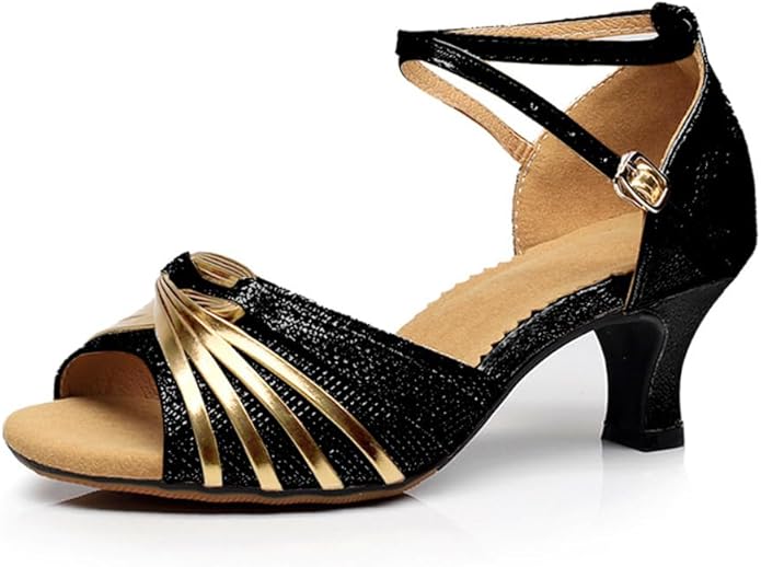 Latin Salsa Shoes with Metallic Straps, Open Toe Design