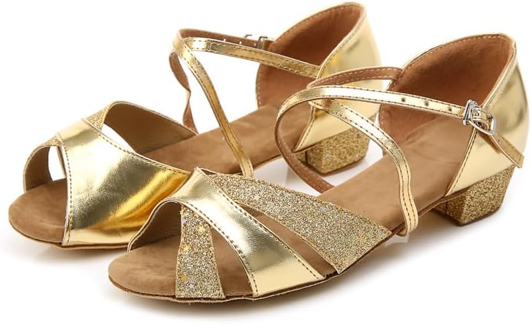 Premium gold glitter block heel kids dance pumps, open toe soft sole beginner ballroom dance shoes for girls