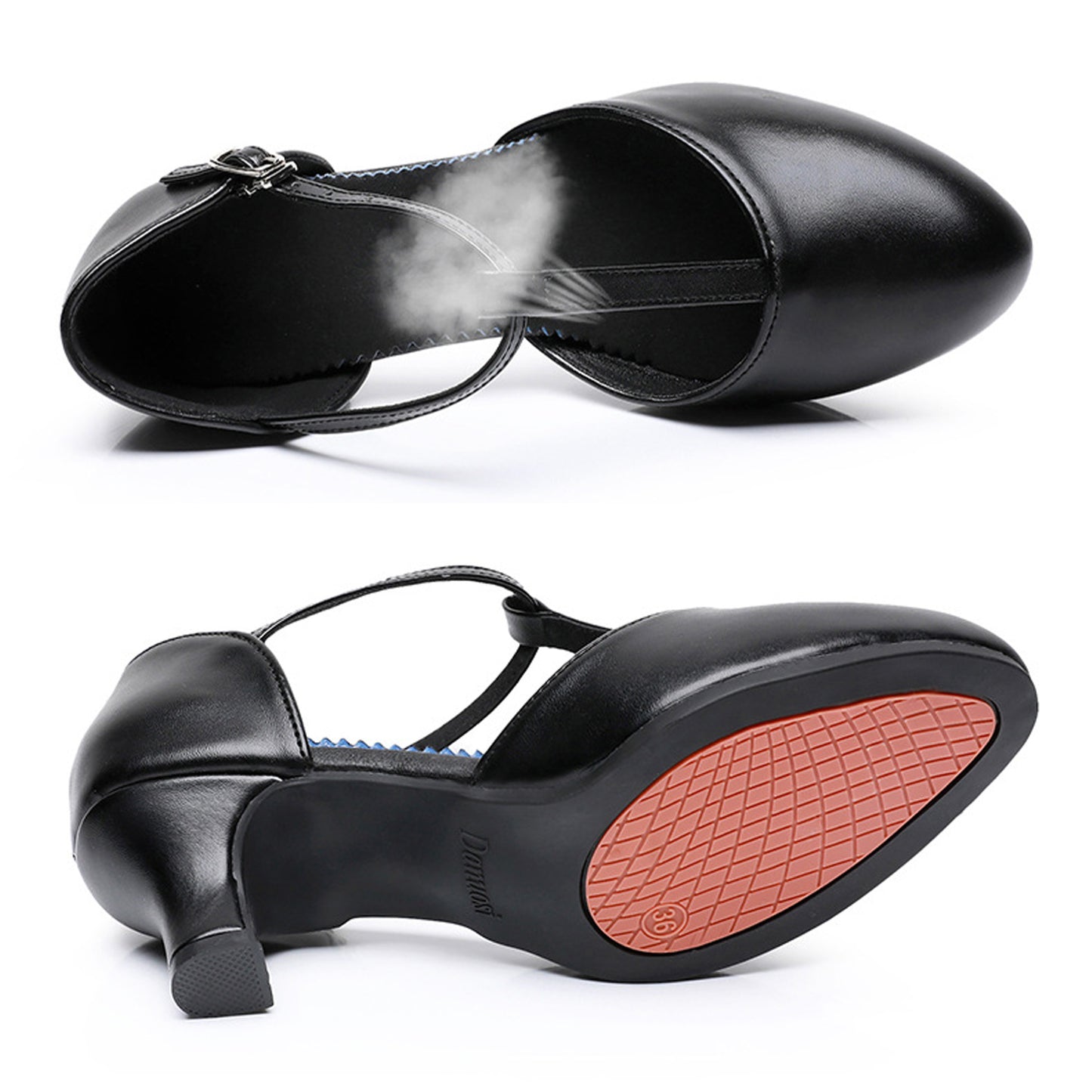 Minimalist black closed-toe T-strap medium heel dance shoes for salsa, rumba and social dancing
