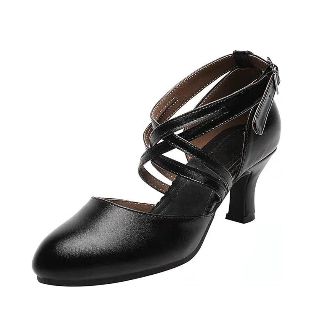 Black closed toe women's latin dance shoes with crisscross ankle strap and medium low heel
