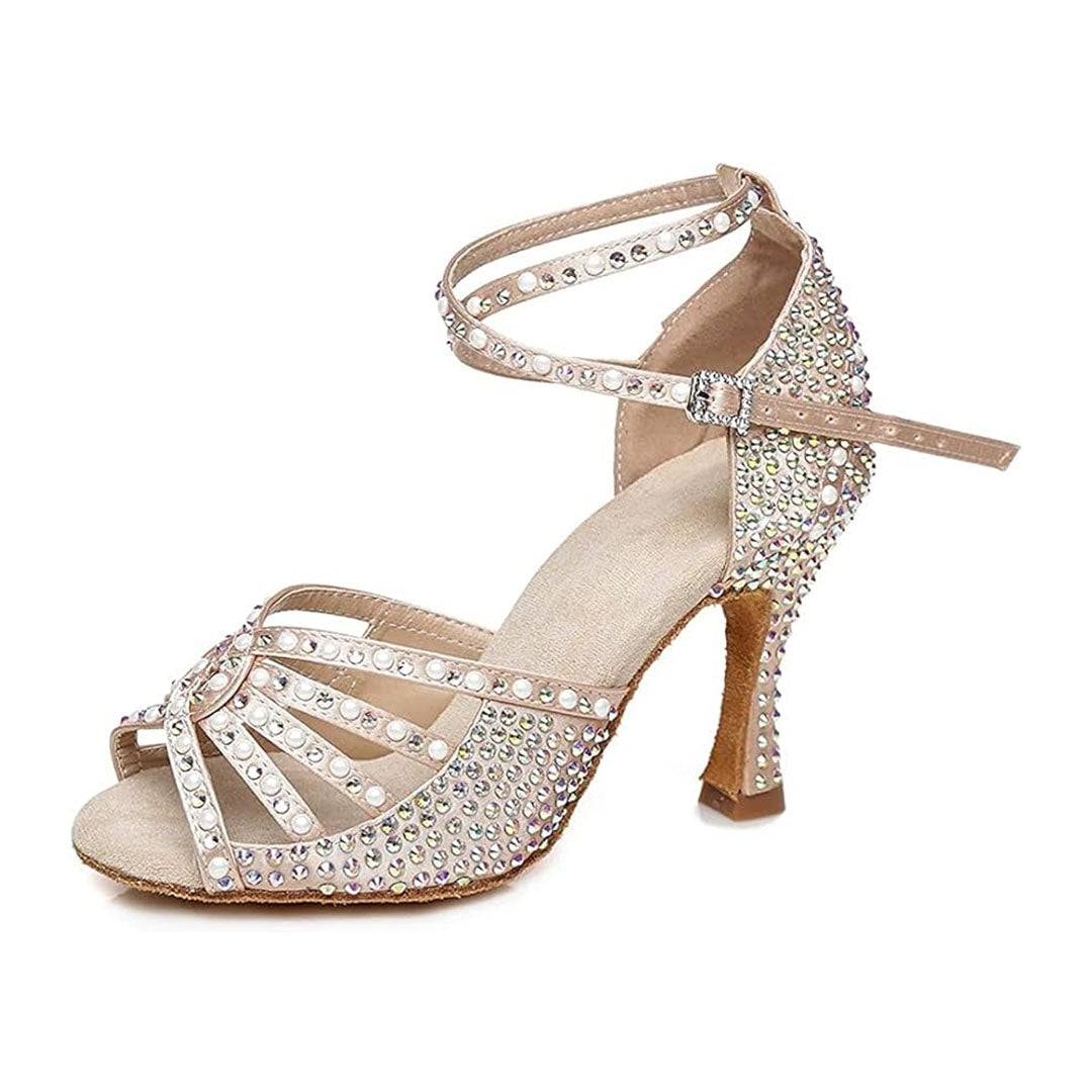 Rhinestone and pearl embellished Latin dance shoes for women, white satin ballroom dance heels with ankle strap