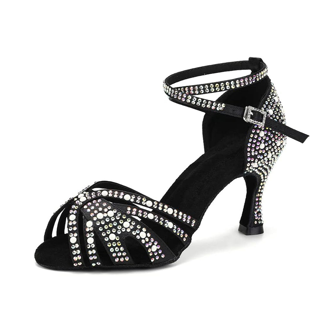 Black sparkly crystal latin dance heels, women's open-toe tango ballroom shoes with rhinestone pearl embellishments and suede sole