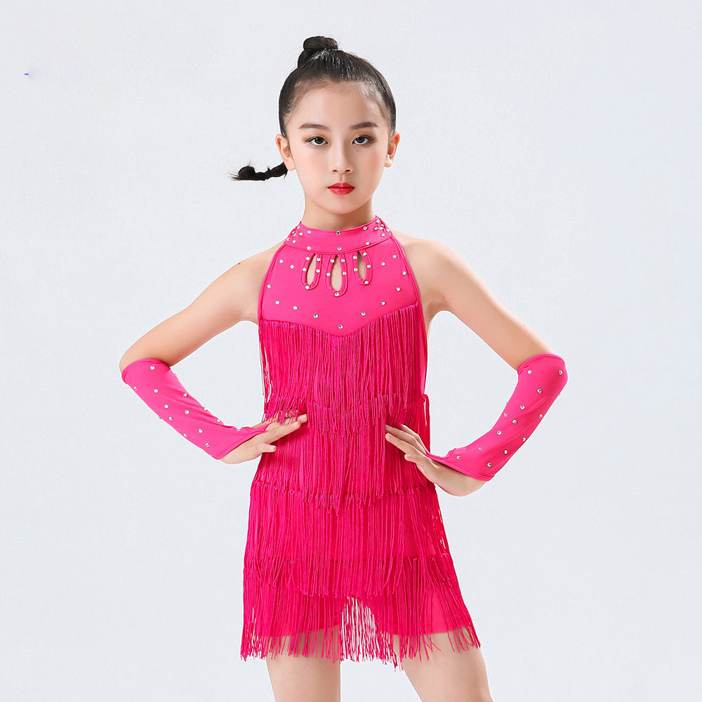 Sparkly Rhinestone Latin Dance Dress for Kids, Layered Fringe Salsa Tango Costume, Girls Ballroom Competition Outfit with Matching Arm Sleeves