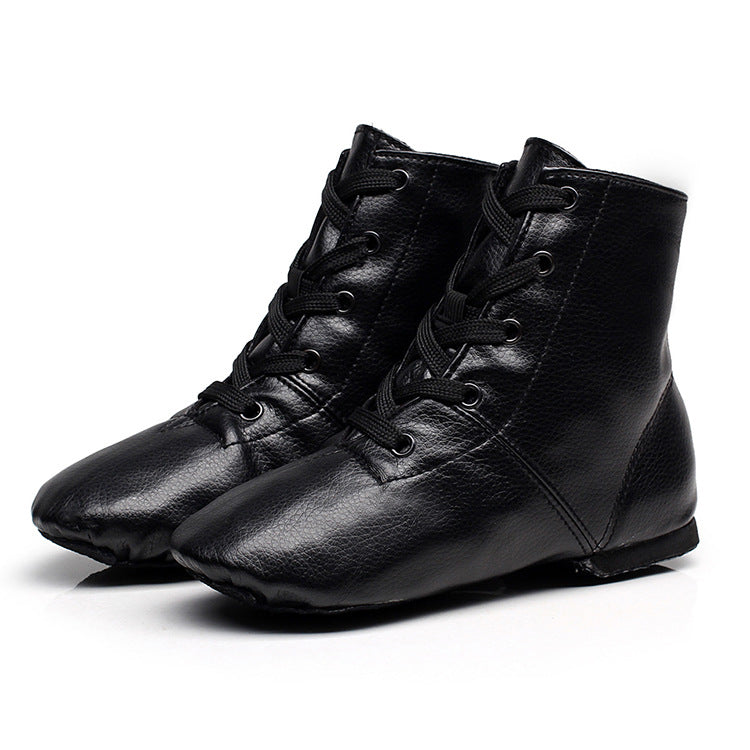 Black PU high-top jazz dance boots on model, front view