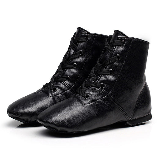 Black PU high-top jazz dance boots on model, front view