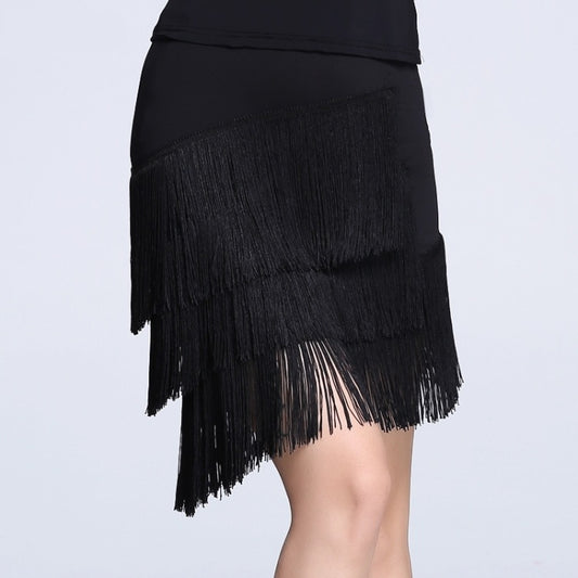 Black women's Latin dance skirt with 3-layer asymmetrical fringe