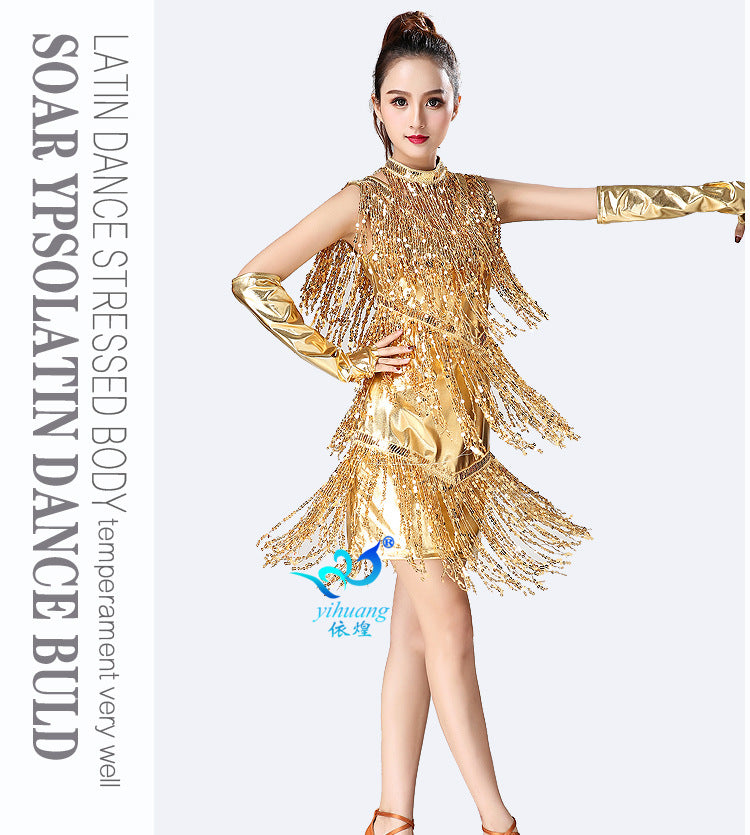 Sparkly Sequin Fringe Ballroom Dance Dress, Women's Salsa Tango Performance Wear with Gloves
