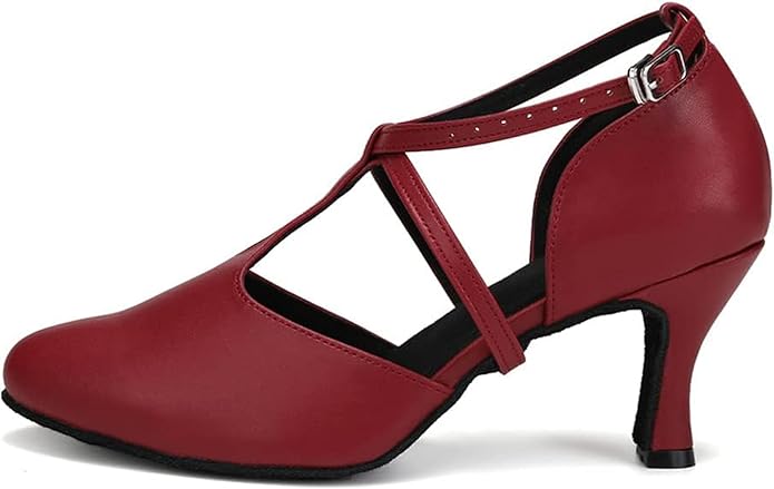 Ladies comfortable mid-heel T-cross strap dance shoes, closed toe professional ballroom dance footwear