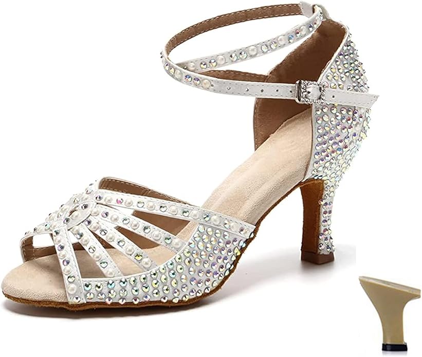 Rhinestone-embellished women's ballroom dance shoes, high heel Latin dance sandals with ankle strap