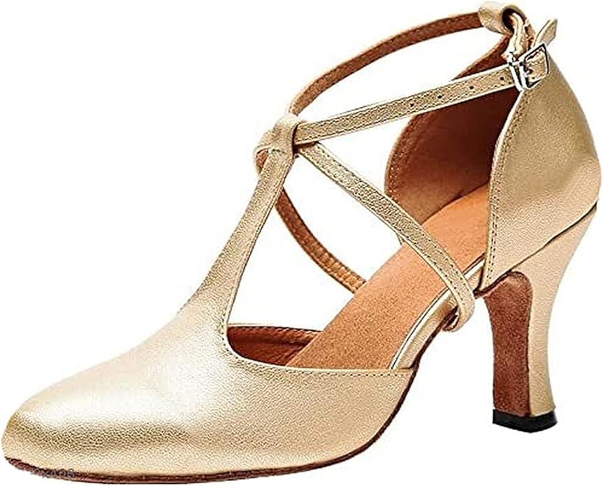 Retro elegant T-strap closed toe dance heels, gold PU material non-slip sole women ballroom dance shoes