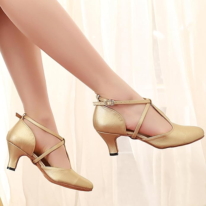 Women’s T-Strap Latin Dance Shoes Closed Toe Ballroom Salsa Tango Performance Shoes Model A50G