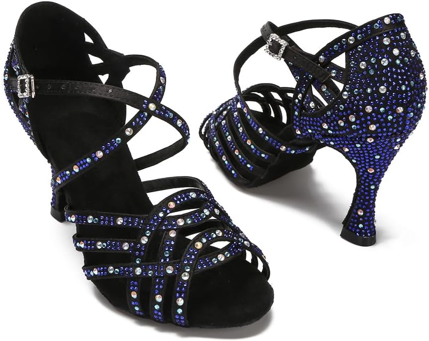 Black Latin dance heels with blue and clear rhinestones, open toe for ballroom practice