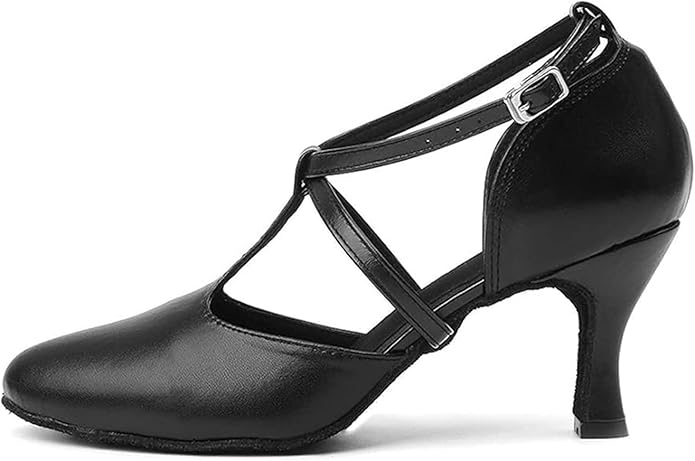 Women's classic T-strap ballroom dancing shoes, black non-slip soft sole moderate heel practice dance shoes