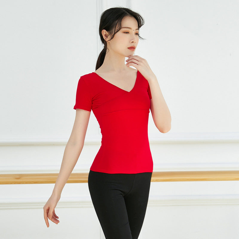Adult Stretchy V-Neck U-Back Dancewear, Short Sleeve Cotton Top for Dance Studio & Performance