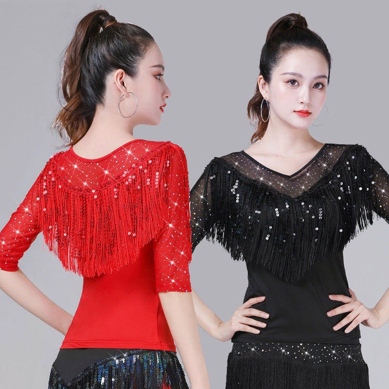 Women's red sequined fringe Latin dance top, stage performance dancewear for salsa tango