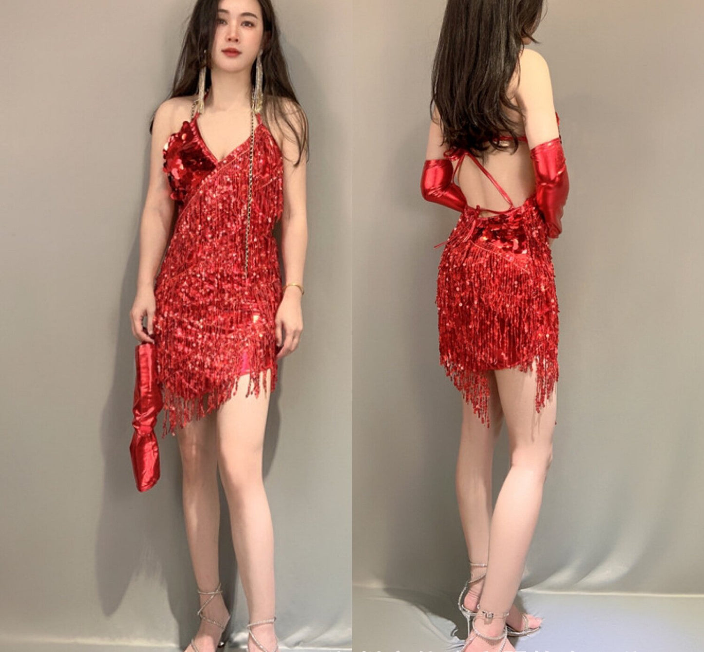 Sequin Fringe Latin Dance Dress with Gloves - Backless Halter Neck Salsa Tango Performance Costume