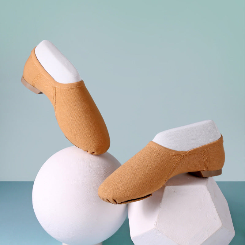 Tan canvas ballet practice shoes, slip-on split sole dance slippers for women
