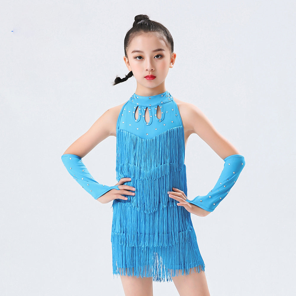 Colorful Kids Latin Dance Dresses, Girls Fringe Ballroom Performance Costumes, Sleeveless Rhinestone Dancewear for Children's Stage Shows